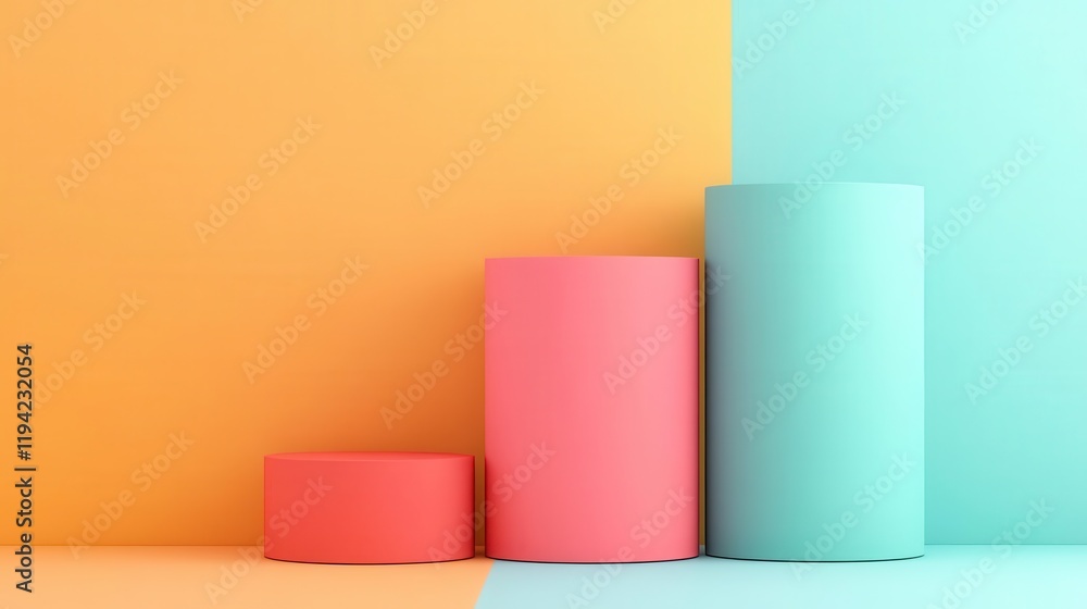 Poster a colorful representation of three cylindrical shapes in gradient sizes against a vibrant background