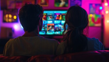 Fototapeta premium Couple Watches Streaming Entertainment on TV at Night, Enjoying a Relaxing Evening Together in Their Home.