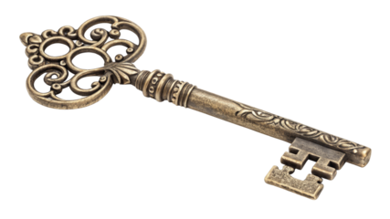 Antique Ornate Key  Single, Isolated on Transparent Background, High-Resolution Image, Vintage Design, Antique key, skeleton key, ornate key