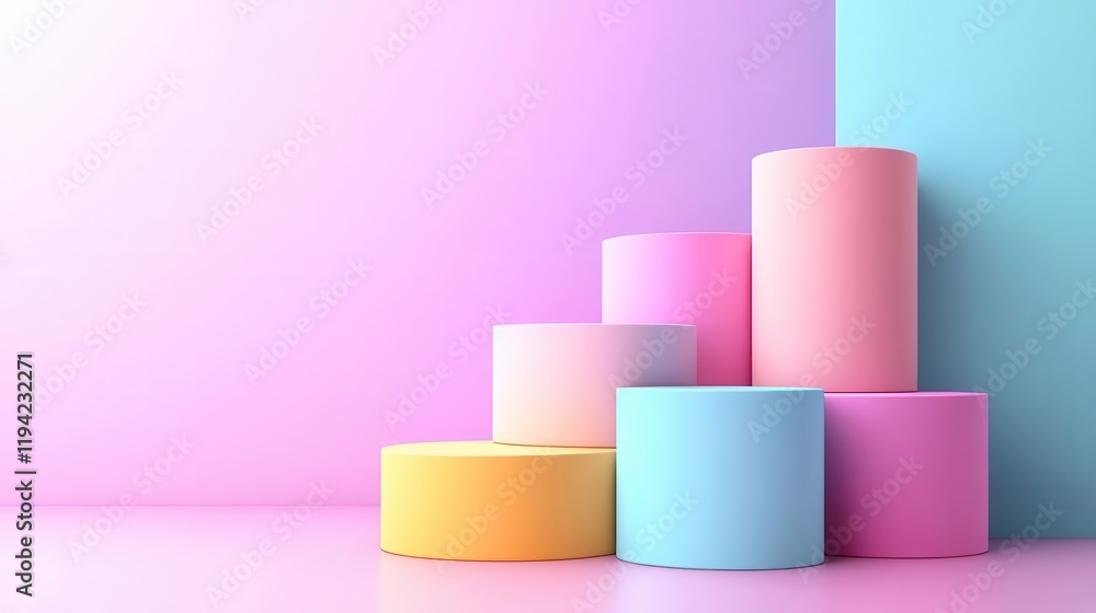 Poster a vibrant arrangement of colorful cylindrical shapes on a gradient background, creating a playful an