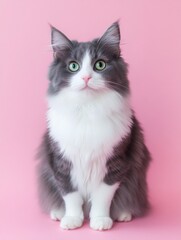 Beautiful fluffy grey and white cat with green eyes sitting on pink background, full body portrait, looking at camera.
