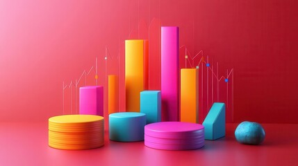 A vibrant display of colorful 3D bar graphs and circular shapes, representing data visualization and analytics on a bright red background.