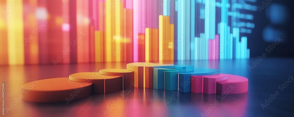 Poster a vibrant, digital representation of data analytics featuring colorful bar graphs and circular chart