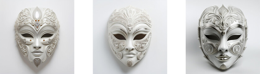 Three ornate white masks, viewed from an aerial perspective, showcase intricate designs.  Hong Kong artistry is subtly suggested.
