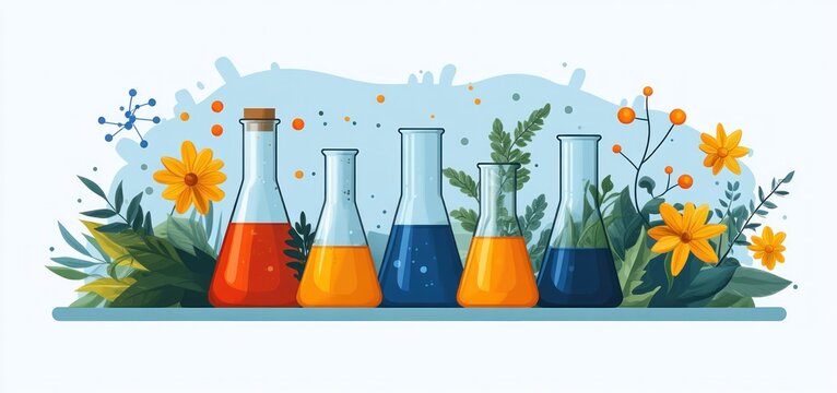 Botanical Research: Erlenmeyer Flasks Filled with Colorful Liquids Surrounded by Lush Greenery and Flowers, Representing Scientific Study of Nature