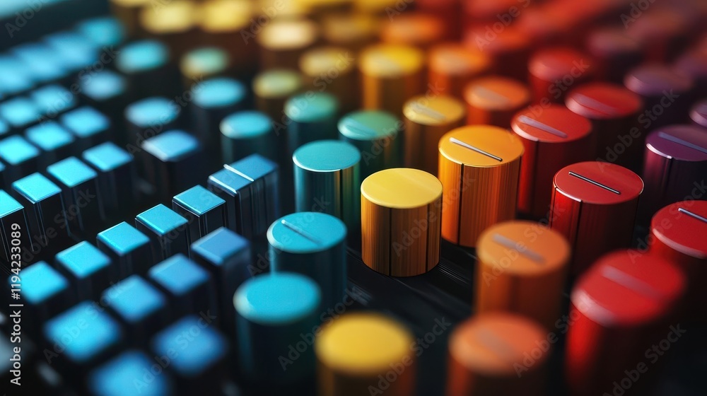 Poster a vibrant array of colorful knobs and buttons, creating a visually appealing pattern often found on 