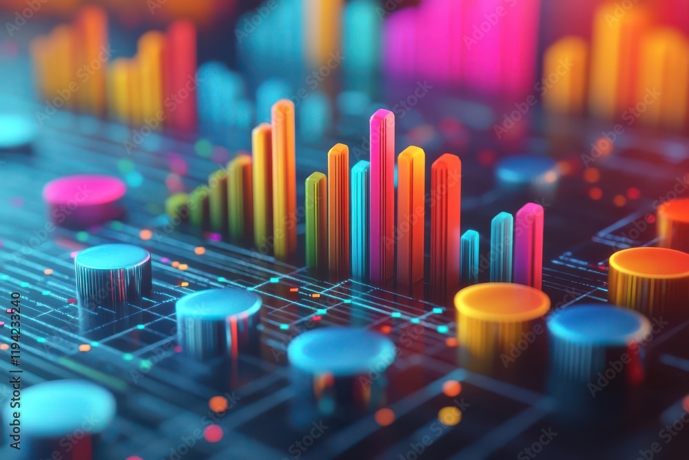 Poster a vibrant digital visualization of colorful data charts and graphs, illustrating analytical insights