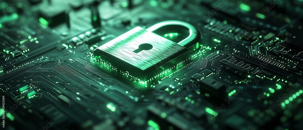Poster a metallic green padlock icon with a futuristic design, integrated seamlessly into a hightech circui