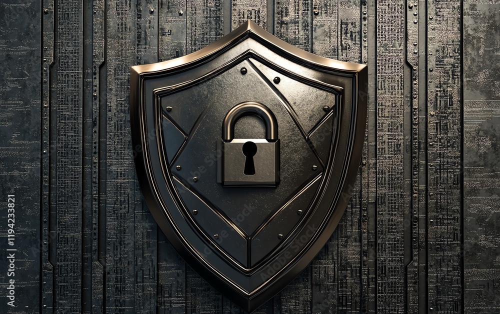 Poster a metallic shield icon with a robust lock in the center, surrounded by binary code patterns, represe