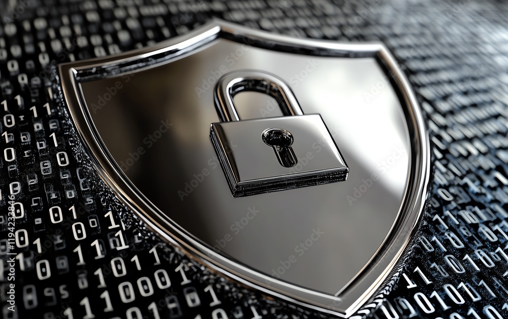 Poster a metallic shield icon with a robust lock in the center, surrounded by binary code patterns, represe