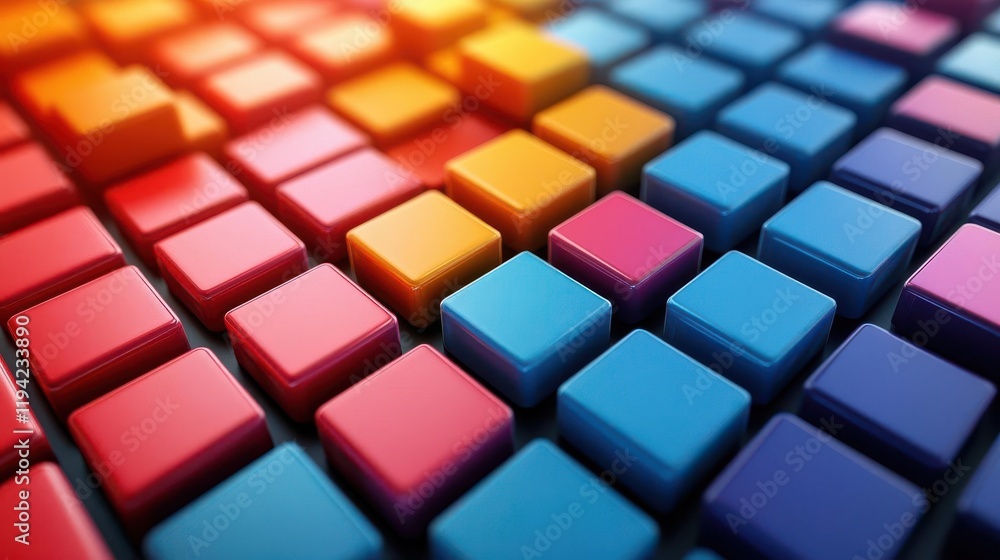 Poster a vibrant arrangement of colorful, 3d cubes in a grid pattern, creating a visually striking geometri