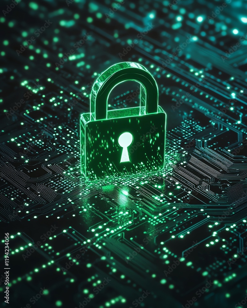 Poster a sleek green padlock icon glowing with bright highlights, placed against a highresolution circuit b