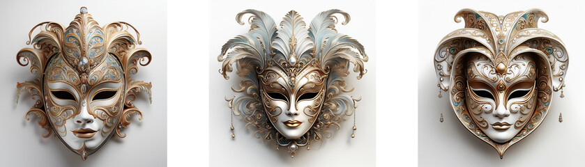 Elegant Venetian masks, ornate and detailed, showcased in an aerial view.  Gold and silver hues create a luxurious effect.  These pieces evoke the mystique of Hong Kong's rich cultural heritage.