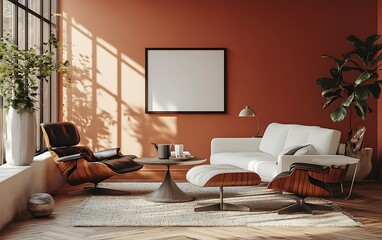 Modern living room, sunlight, terracotta walls, comfy furniture, relaxing atmosphere, interior design mock-up