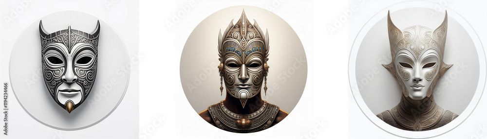 Aufkleber aerial view of three grayscale sculptures; two masks and a helmeted figure, reminiscent of hong kong