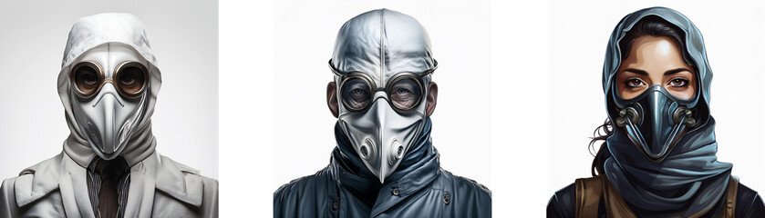 Aerial view of three individuals in Hong Kong, each wearing a unique avian-inspired mask, creating a dystopian aesthetic.