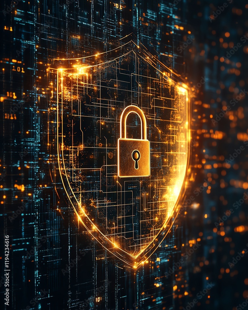 Poster a bold shield and lock graphic with metallic textures, set against a dark cyberspace background fill