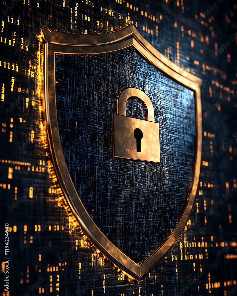 Poster a bold shield and lock graphic with metallic textures, set against a dark cyberspace background fill