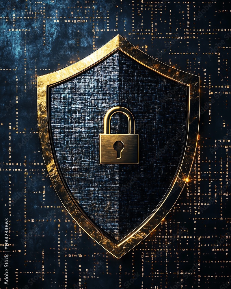 Poster a bold shield and lock graphic with metallic textures, set against a dark cyberspace background fill