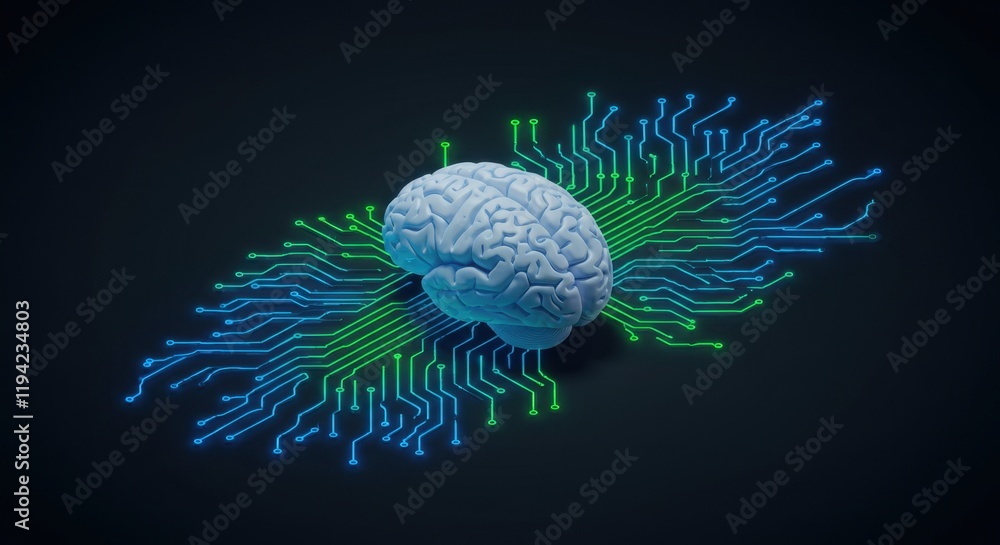 Poster futuristic brain with neural circuitry highlighting ai and technology