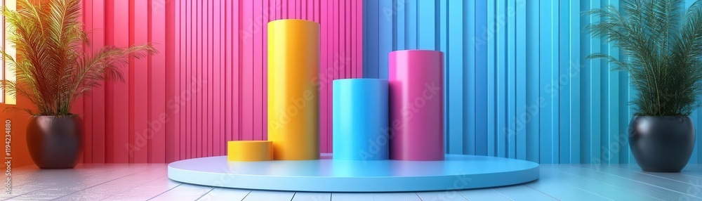 Aufkleber a vibrant display featuring colorful cylindrical shapes on a circular platform against a backdrop of