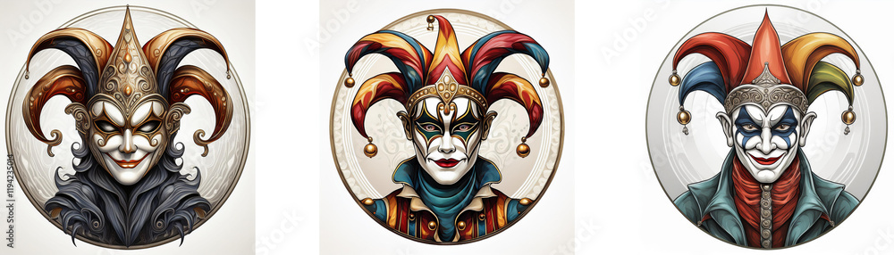 Poster aerial view of three circular artworks featuring jester faces, each with unique color palettes and o