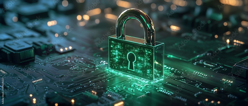 Poster a digitalstyle green padlock icon with a chrome finish, placed on an animated circuit board backgrou