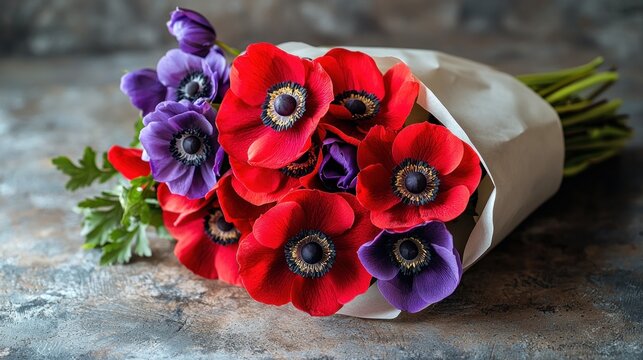 Vibrant Red and Purple Anemone Flower Bouquet Close up Shot