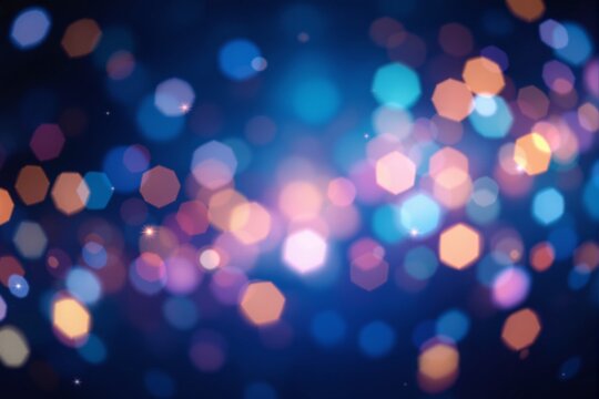 Soft bokeh light background with glowing colorful hexagonal shapes, blurred effect on a blue backdrop. Concept of dreamy and festive ambiance. Ai generative