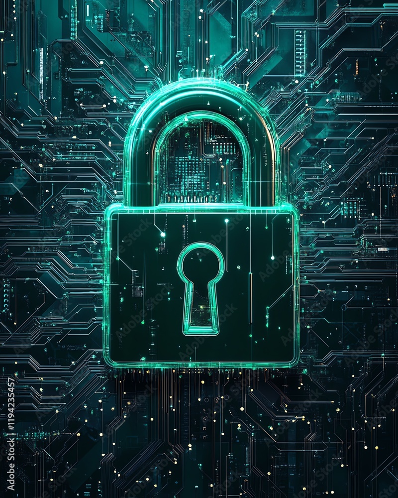 Poster a glossy green padlock icon with a cyberinspired design, surrounded by a complex web of circuit boar