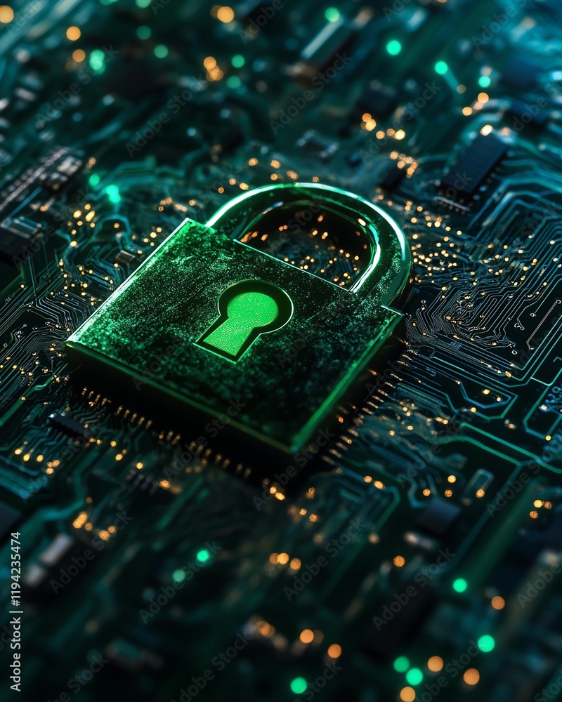 Poster a glossy green padlock icon with a cyberinspired design, surrounded by a complex web of circuit boar