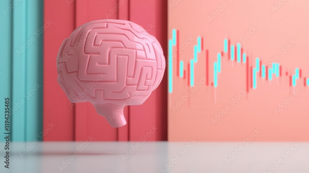 Poster a 3d pink brain with a maze design floats in front of colorful walls, juxtaposed with a data graph, 