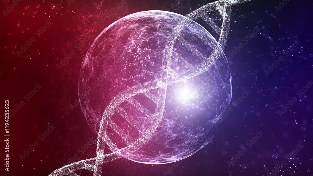 Poster loop 3d dna chain and digital sphere rotation on colourful digital background.