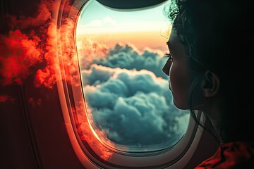 Close-up of a passenger looking out of the airplane window, deep in thought as clouds drift past, symbolizing contemplation during travel.
