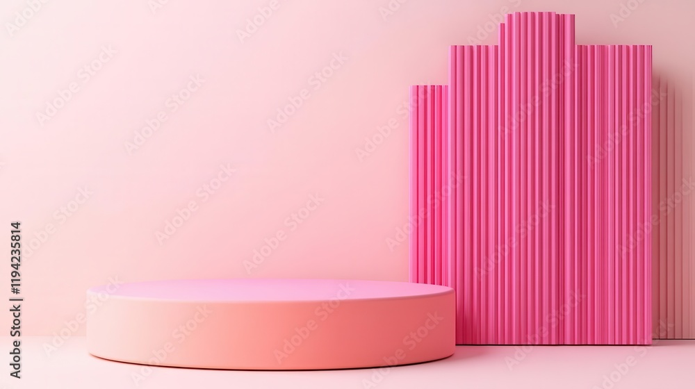 Poster a minimalist composition featuring a pink circular platform and a vertical striped structure against