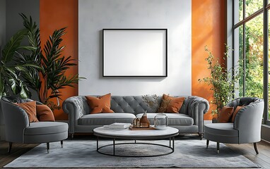 Modern living room interior design, grey sofa, orange accent wall, mockup frame