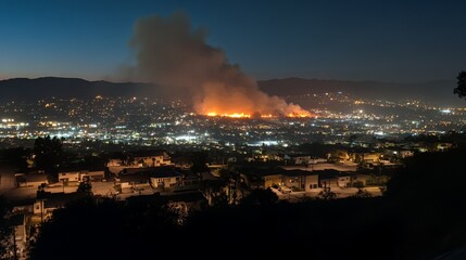 Fototapeta premium Night wildfire engulfing hillside homes, city lights