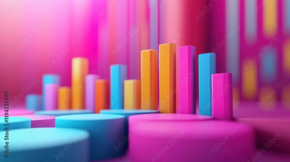 Poster a vibrant, abstract representation of colorful bar graphs against a pink backdrop, showcasing data v