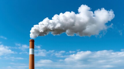 Industrial smokestack emitting white smoke against a clear blue sky with scattered clouds