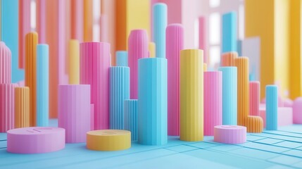 Obraz premium A vibrant, abstract arrangement of cylindrical shapes in pastel colors creates a playful and modern aesthetic.