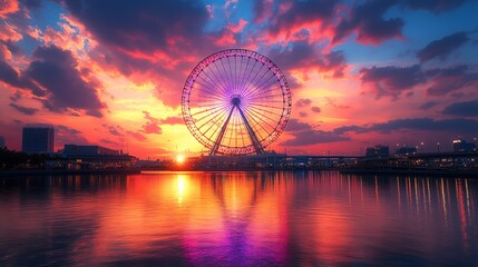 Ferris wheel sunset cityscape waterfront reflection