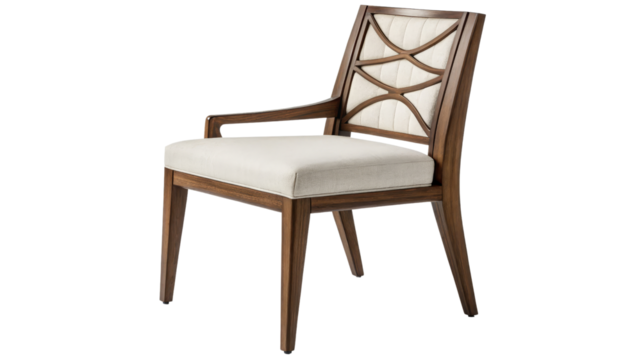 Modern Armchair, Single Chair, Beige Upholstery, Walnut Wood, Isolated on Transparent Background, Furniture, 3D Rendering, Chair Design
