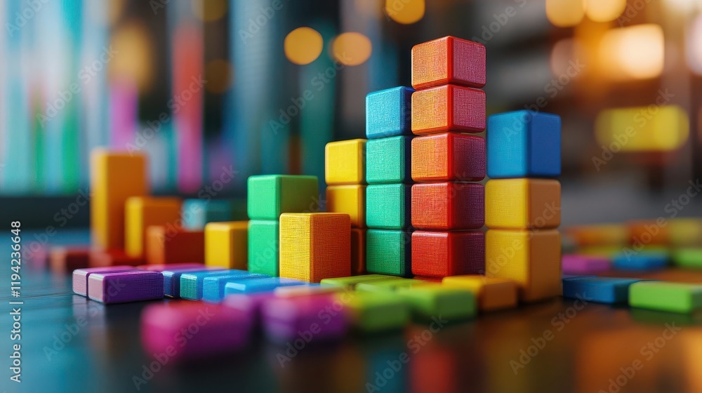 Poster a colorful arrangement of blocks in various heights, set on a wooden surface, creating an engaging a