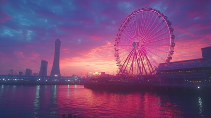 Obraz premium Pink sunset Ferris wheel waterfront cityscape travel