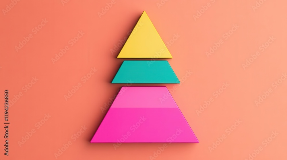 Poster a vibrant arrangement of three colorful triangles stacked on an orange background, creating a playfu