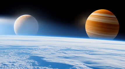 Stunning cosmic scene featuring two brightly colored gas giants rising majestically above a serene blue planet.. AI Generated