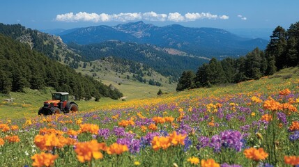 Fototapeta premium Tractor in vibrant wildflowers field, mountainous landscape background.
