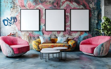 Colorful urban apartment interior mockup, graffiti wall, comfy seating