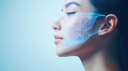 Mindful breathing technique demonstration with futuristic facial overlay for wellness and relaxation