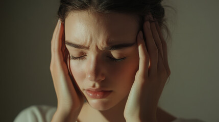 Woman enduring severe headache, expressing pain and discomfort